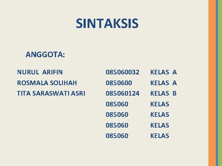 SINTAKSIS ANGGOTA: NURUL ARIFIN ROSMALA SOLIHAH TITA SARASWATI ASRI 085060032 0850600 085060124 085060 KELAS