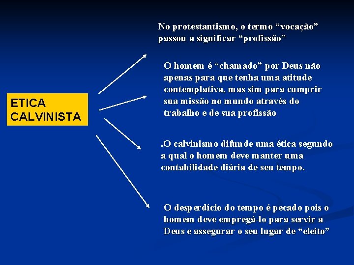 No protestantismo, o termo “vocação” passou a significar “profissão” ETICA CALVINISTA O homem é