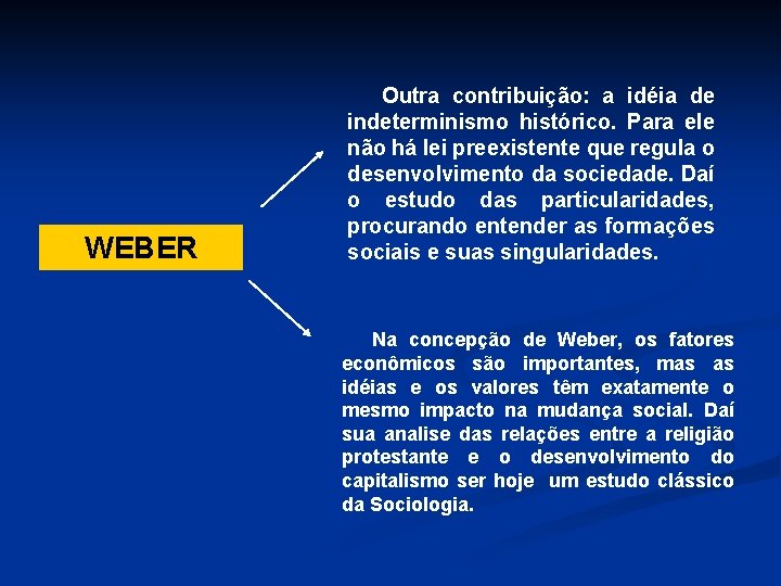 WEBER Outra contribuição: a idéia de indeterminismo histórico. Para ele não há lei preexistente