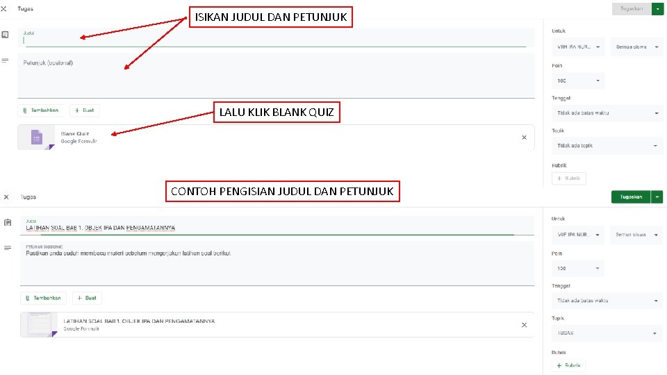 ISIKAN JUDUL DAN PETUNJUK LALU KLIK BLANK QUIZ CONTOH PENGISIAN JUDUL DAN PETUNJUK 