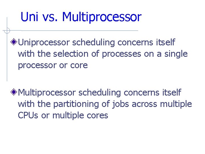 Uni vs. Multiprocessor Uniprocessor scheduling concerns itself with the selection of processes on a Uni vs. Multiprocessor Uniprocessor scheduling concerns itself with the selection of processes on a