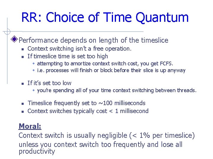 RR: Choice of Time Quantum Performance depends on length of the timeslice Context switching RR: Choice of Time Quantum Performance depends on length of the timeslice Context switching