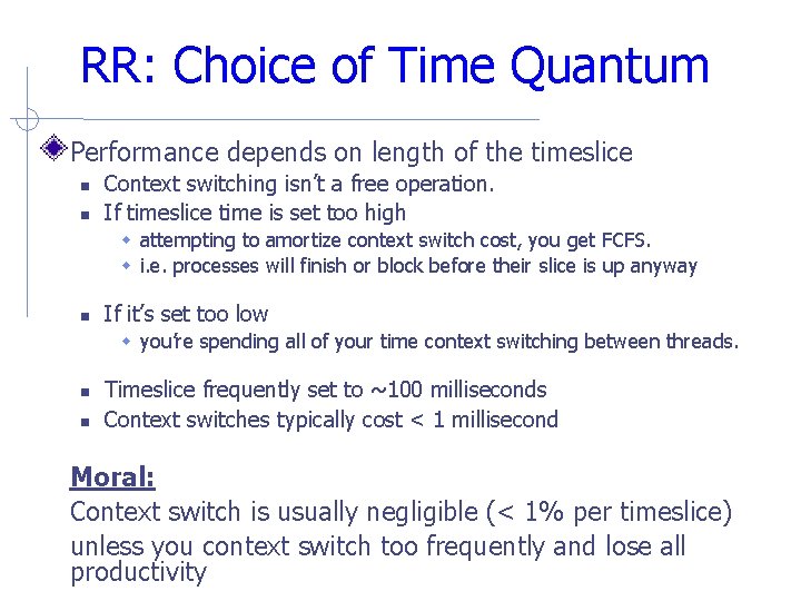 RR: Choice of Time Quantum Performance depends on length of the timeslice Context switching