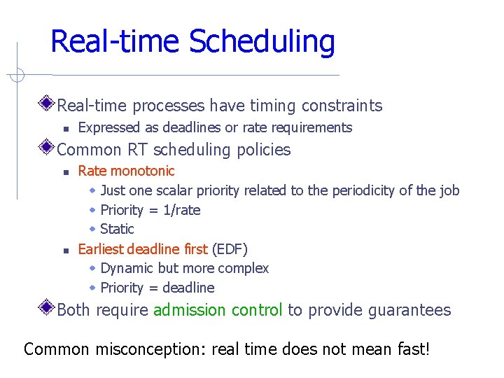 Real-time Scheduling Real-time processes have timing constraints Expressed as deadlines or rate requirements Common Real-time Scheduling Real-time processes have timing constraints Expressed as deadlines or rate requirements Common