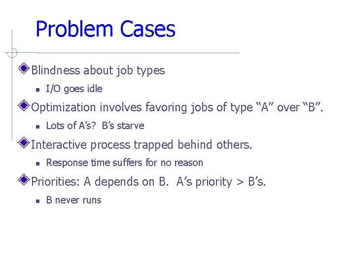 Problem Cases Blindness about job types I/O goes idle Optimization involves favoring jobs of Problem Cases Blindness about job types I/O goes idle Optimization involves favoring jobs of
