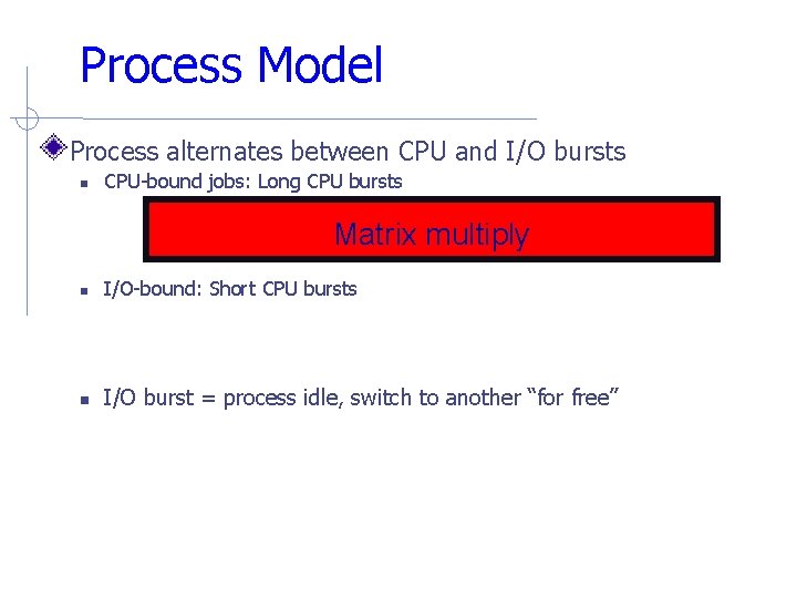 Process Model Process alternates between CPU and I/O bursts CPU-bound jobs: Long CPU bursts