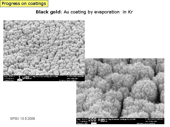 Progress on coatings Black gold: Au coating by evaporation in Kr 1 µm SPSU