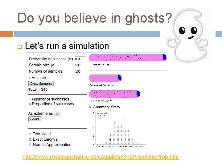 Do you believe in ghosts? Let’s run a simulation http: //www. rossmanchance. com/applets/One. Prop.