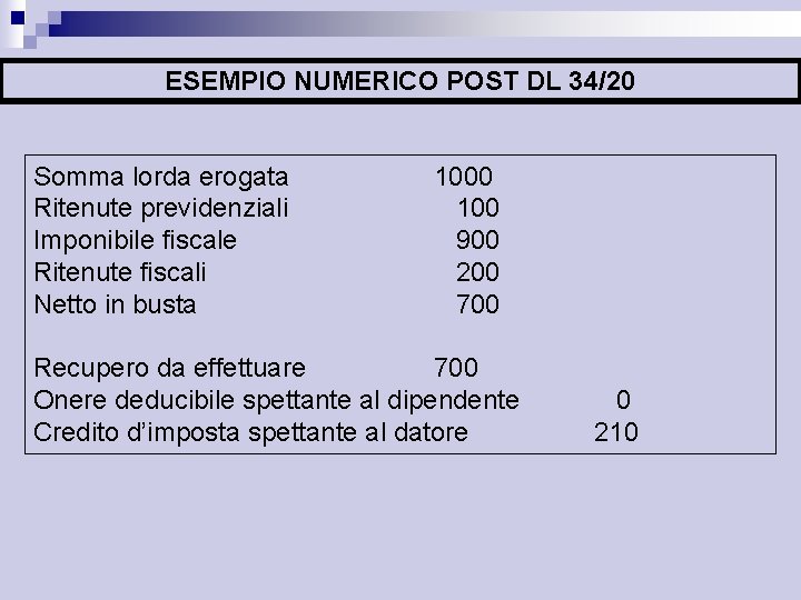 ESEMPIO NUMERICO POST DL 34/20 Somma lorda erogata Ritenute previdenziali Imponibile fiscale Ritenute fiscali