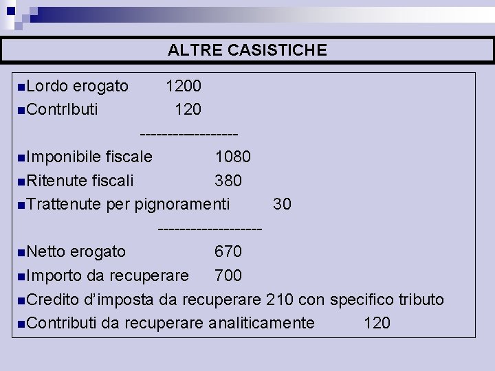 ALTRE CASISTICHE n. Lordo erogato 1200 n. Contr. Ibuti 120 ---------n. Imponibile fiscale 1080