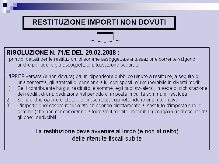 RESTITUZIONE IMPORTI NON DOVUTI RISOLUZIONE N. 71/E DEL 29. 02. 2008 : I principi