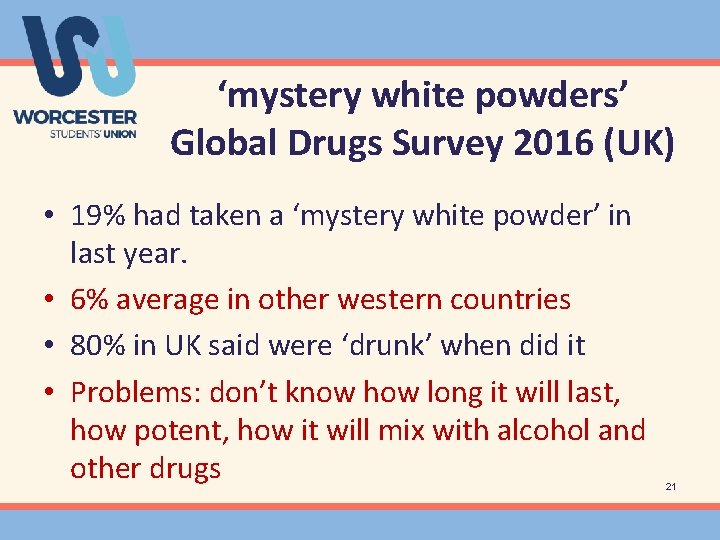 ‘mystery white powders’ Global Drugs Survey 2016 (UK) • 19% had taken a ‘mystery
