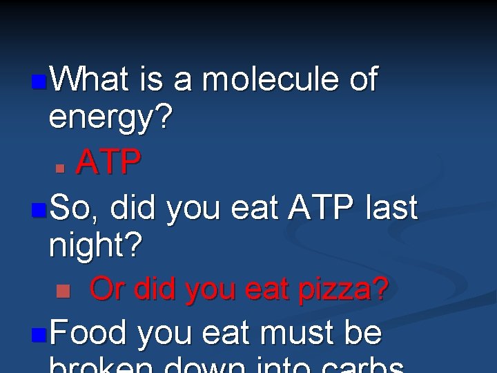 n. What is a molecule of energy? n ATP n. So, did you eat