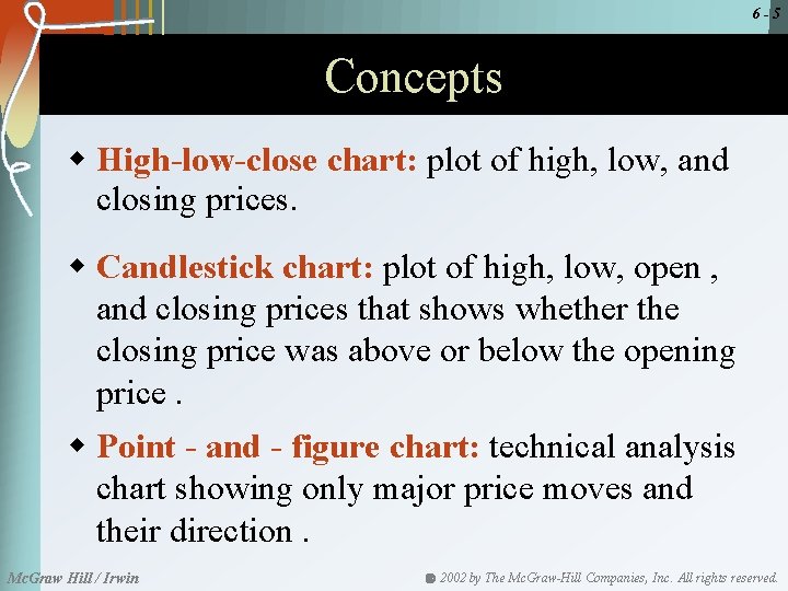 6 -5 Concepts w High-low-close chart: plot of high, low, and closing prices. w