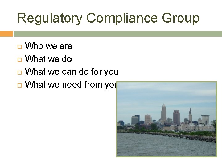 Regulatory Compliance Group Who we are What we do What we can do for