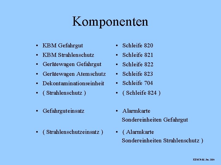 Komponenten • KBM Gefahrgut • Schleife 820 • KBM Strahlenschutz • Gerätewagen Gefahrgut •