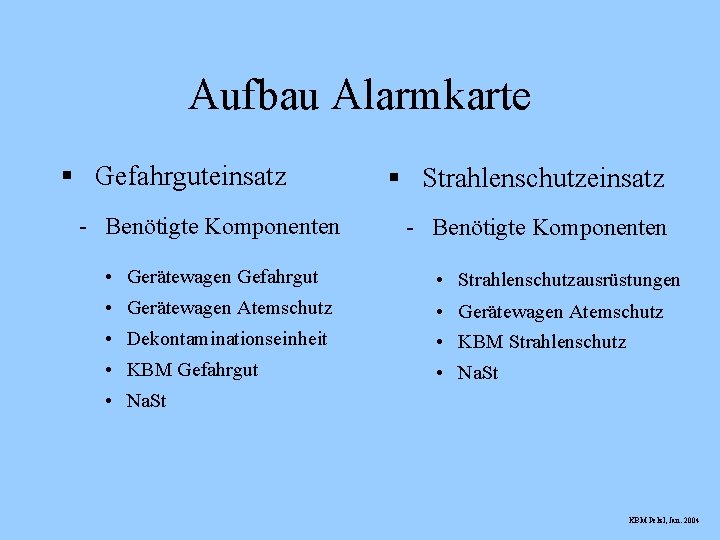 Aufbau Alarmkarte § Gefahrguteinsatz - Benötigte Komponenten § Strahlenschutzeinsatz - Benötigte Komponenten • Gerätewagen