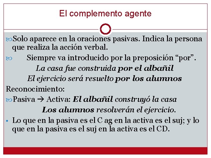 El complemento agente Solo aparece en la oraciones pasivas. Indica la persona que realiza