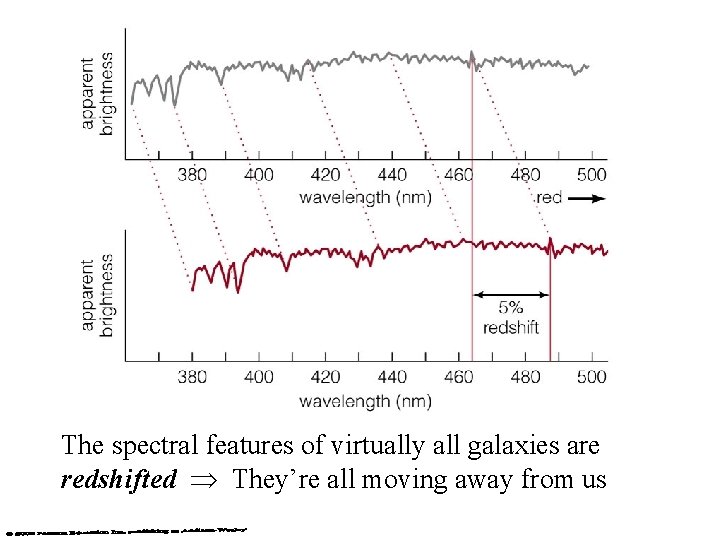 The spectral features of virtually all galaxies are redshifted They’re all moving away from