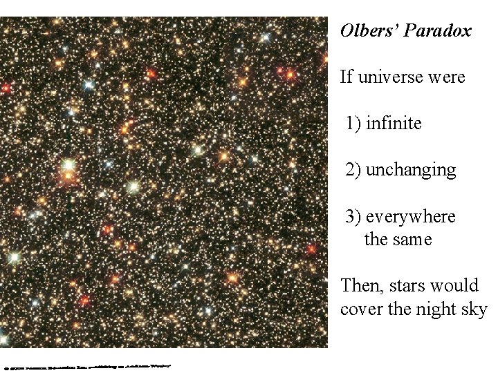 Olbers’ Paradox If universe were 1) infinite 2) unchanging 3) everywhere the same Then,
