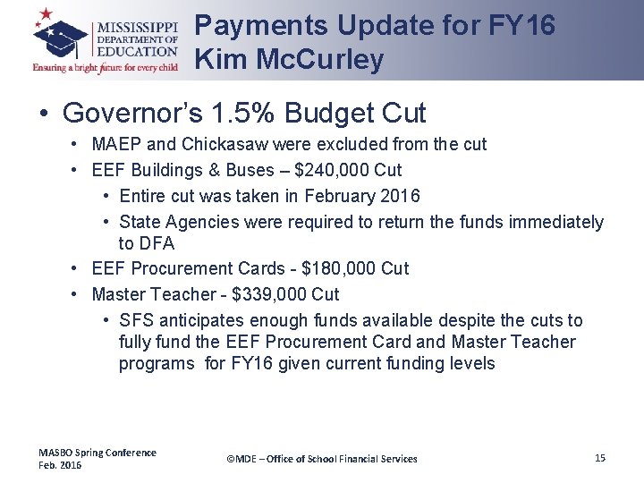 Payments Update for FY 16 Kim Mc. Curley • Governor’s 1. 5% Budget Cut