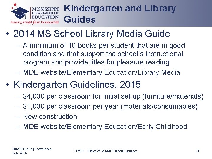 Kindergarten and Library Guides • 2014 MS School Library Media Guide – A minimum