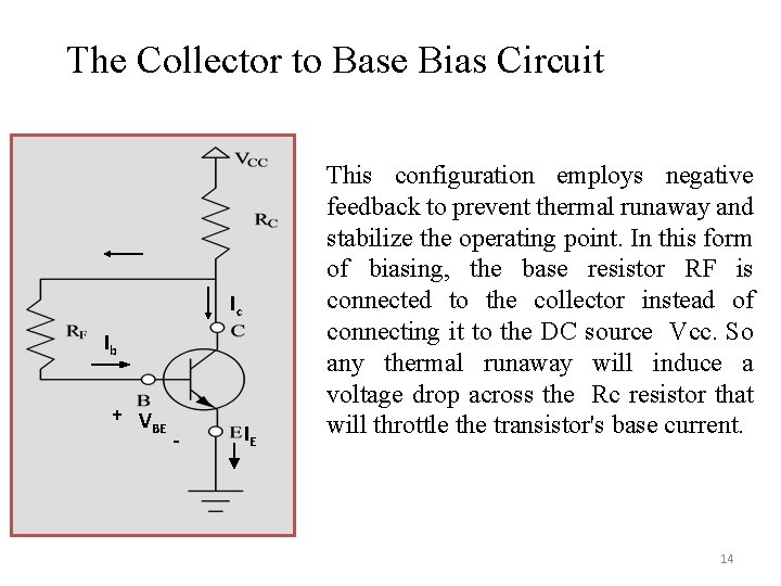 The Collector to Base Bias Circuit Ic Ib + V BE - IE This