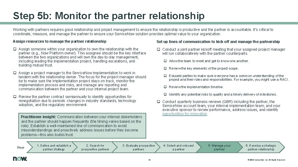 Step 5 b: Monitor the partner relationship Working with partners requires good relationship and