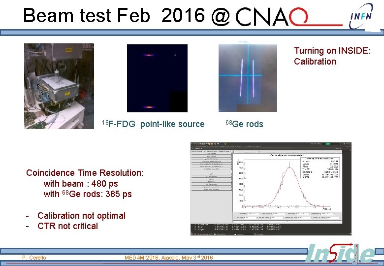 Beam test Feb 2016 @ Turning on INSIDE: Calibration 18 F-FDG point-like source Coincidence Beam test Feb 2016 @ Turning on INSIDE: Calibration 18 F-FDG point-like source Coincidence