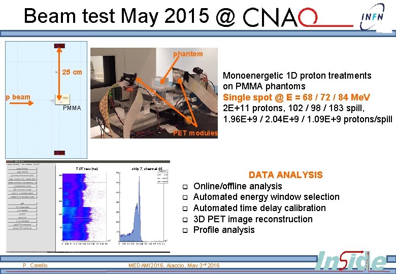 Beam test May 2015 @ phantom 25 cm Monoenergetic 1 D proton treatments on