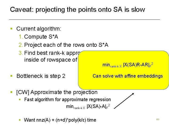 Caveat: projecting the points onto SA is slow § Current algorithm: 1. Compute S*A Caveat: projecting the points onto SA is slow § Current algorithm: 1. Compute S*A