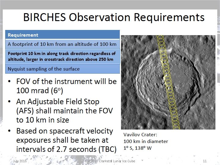 Footprint 10 km in along track direction regardless of altitude, larger in crosstrack direction