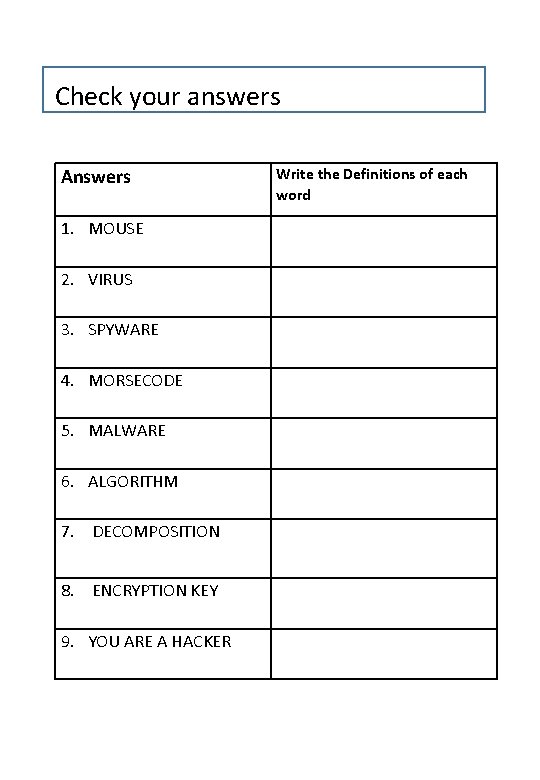 Check your answers Answers Write the Definitions of each word 1. MOUSE 2. VIRUS Check your answers Answers Write the Definitions of each word 1. MOUSE 2. VIRUS