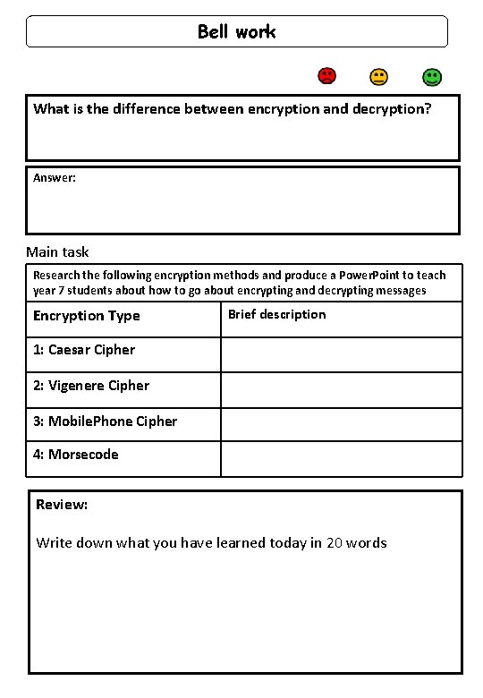 Bell work What is the difference between encryption and decryption? Answer: Main task Research Bell work What is the difference between encryption and decryption? Answer: Main task Research