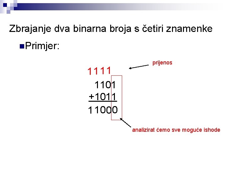 Zbrajanje dva binarna broja s četiri znamenke n. Primjer: 1111 1101 +1011 1 10
