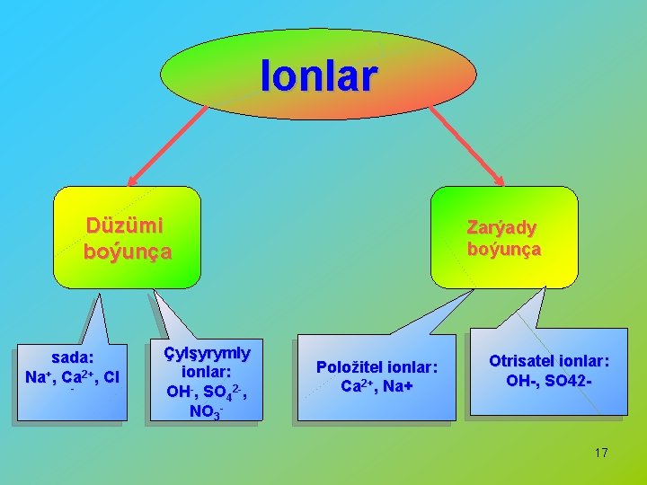 Ionlar Düzümi boýunça sada: Na+, Ca 2+, Cl - Çylşyrymly ionlar: OH-, SO 42