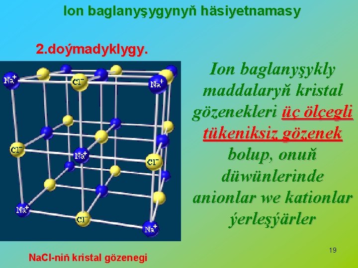 Ion baglanyşygynyň häsiyetnamasy 2. doýmadyklygy. Ion baglanyşykly maddalaryň kristal gözenekleri üç ölçegli tükeniksiz gözenek