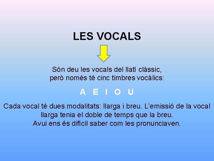 LES VOCALS Són deu les vocals del llatí clàssic, però només té cinc timbres