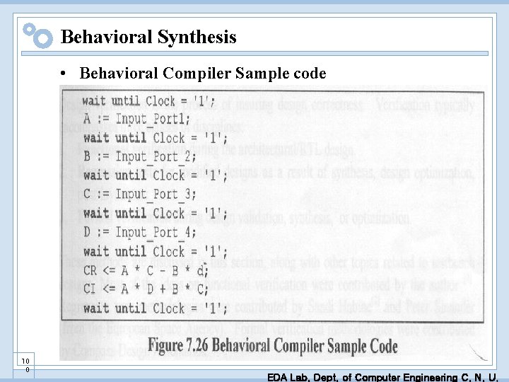 Behavioral Synthesis • Behavioral Compiler Sample code 10 0 EDA Lab. Dept. of Computer