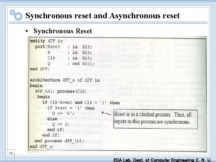 Synchronous reset and Asynchronous reset • Synchronous Reset 13 EDA Lab. Dept. of Computer