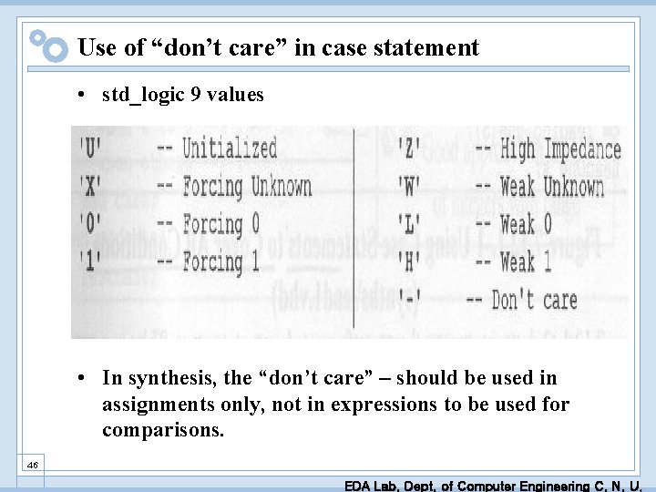 Use of “don’t care” in case statement • std_logic 9 values • In synthesis,