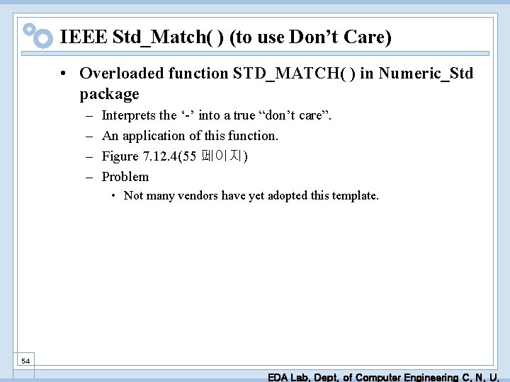 IEEE Std_Match( ) (to use Don’t Care) • Overloaded function STD_MATCH( ) in Numeric_Std