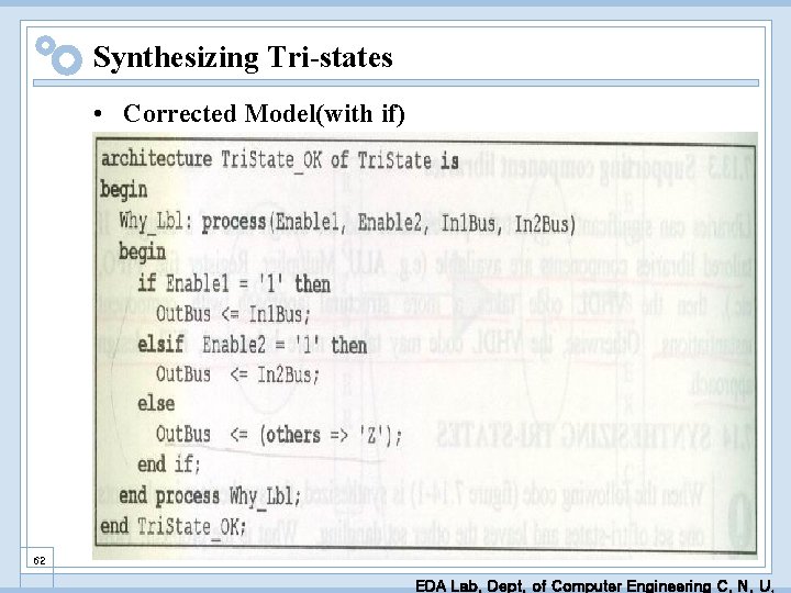 Synthesizing Tri-states • Corrected Model(with if) 62 EDA Lab. Dept. of Computer Engineering C.