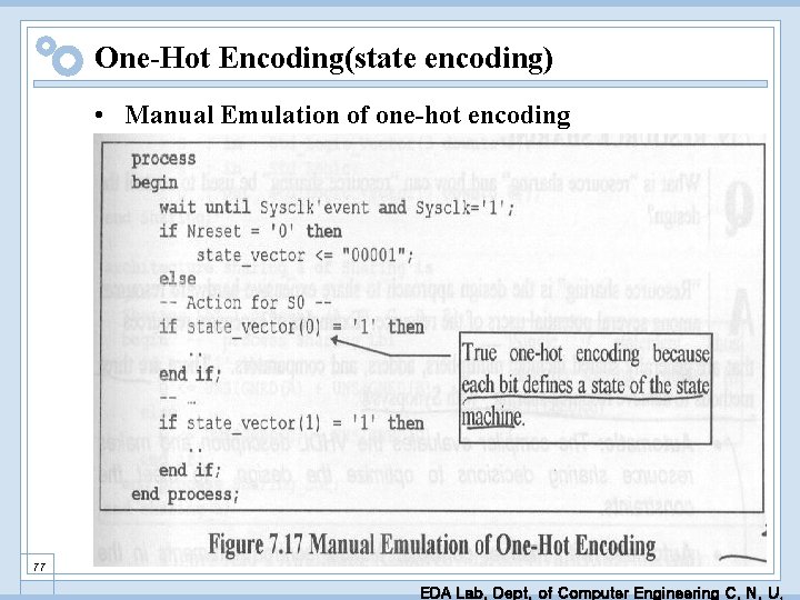 One-Hot Encoding(state encoding) • Manual Emulation of one-hot encoding 77 EDA Lab. Dept. of