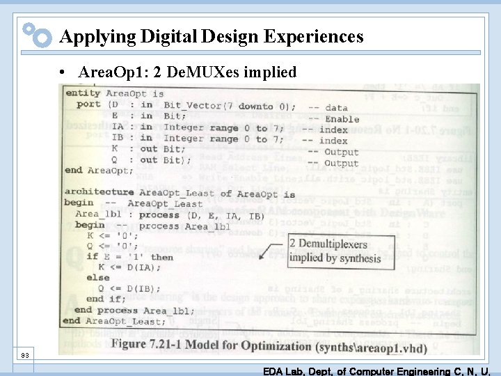 Applying Digital Design Experiences • Area. Op 1: 2 De. MUXes implied 83 EDA