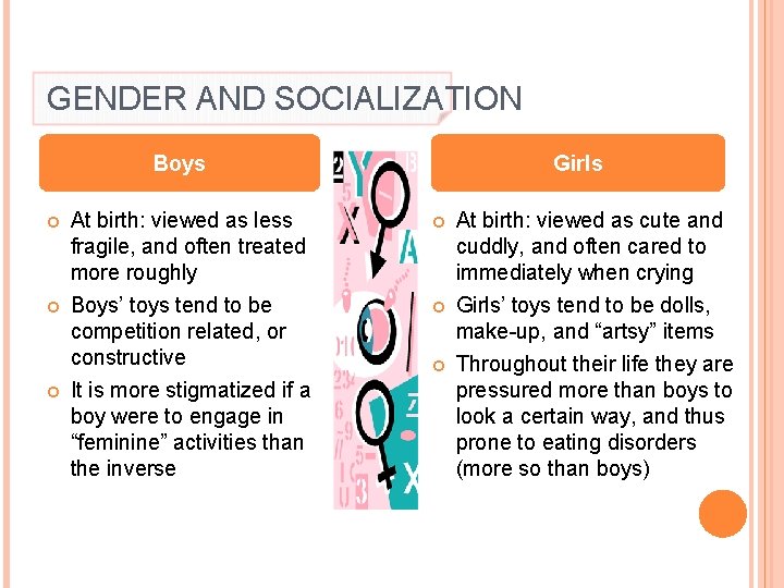 GENDER AND SOCIALIZATION Boys At birth: viewed as less fragile, and often treated more