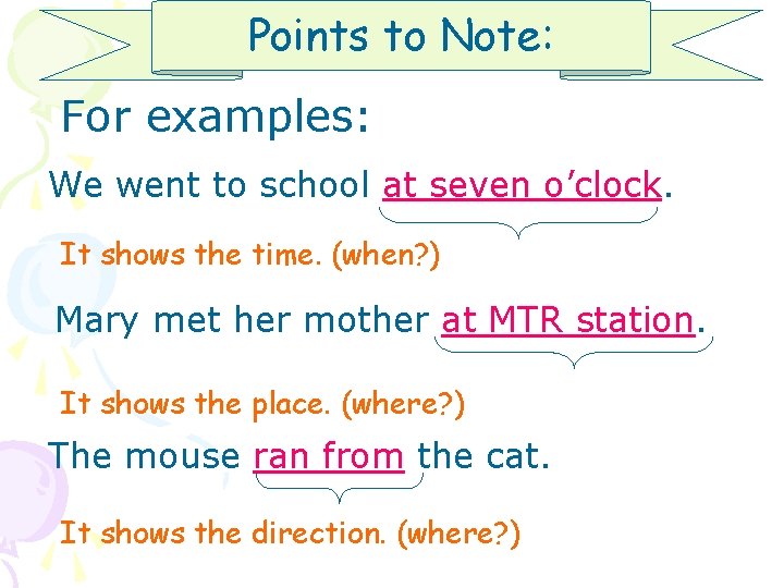 Points to Note: For examples: We went to school at seven o’clock. It shows