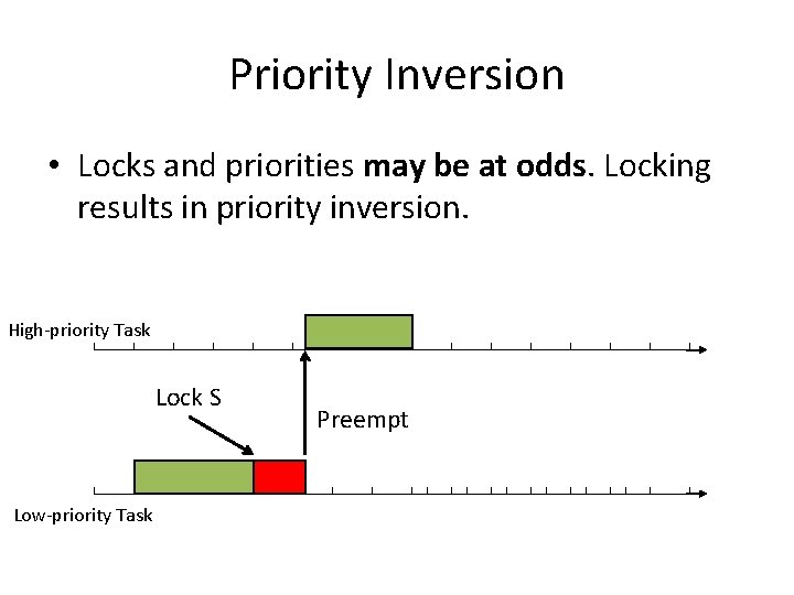 Priority Inversion • Locks and priorities may be at odds. Locking results in priority