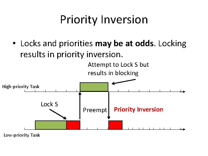 Priority Inversion • Locks and priorities may be at odds. Locking results in priority