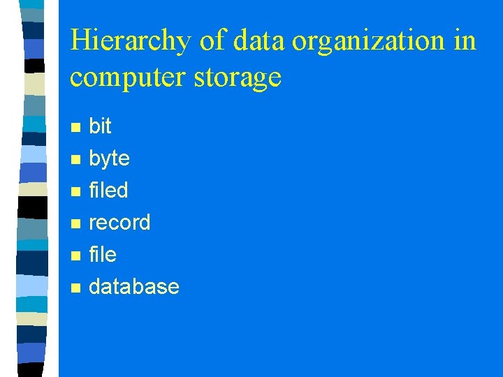 Hierarchy of data organization in computer storage n n n bit byte filed record